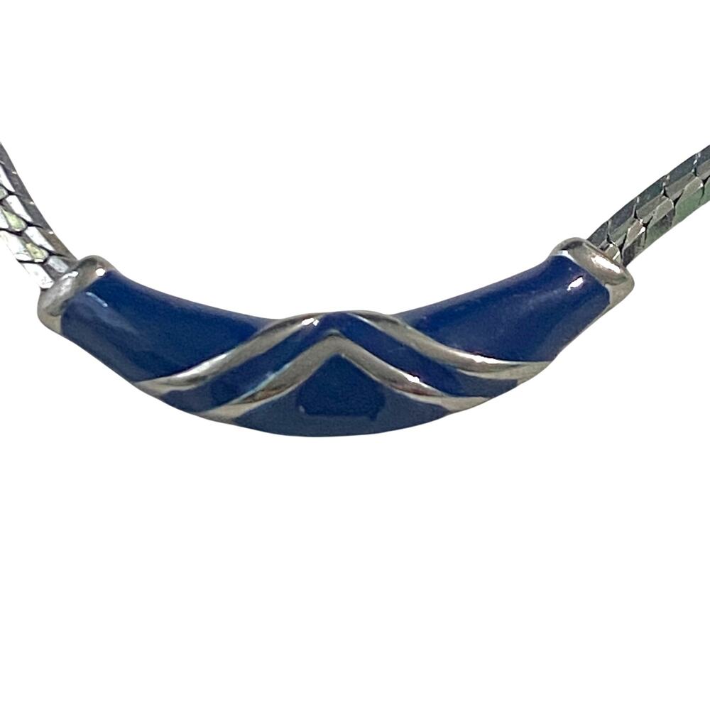 Vtg Enamel Necklace 18" Classic Blue Silver Tone Minimalist Dramatic Timeless